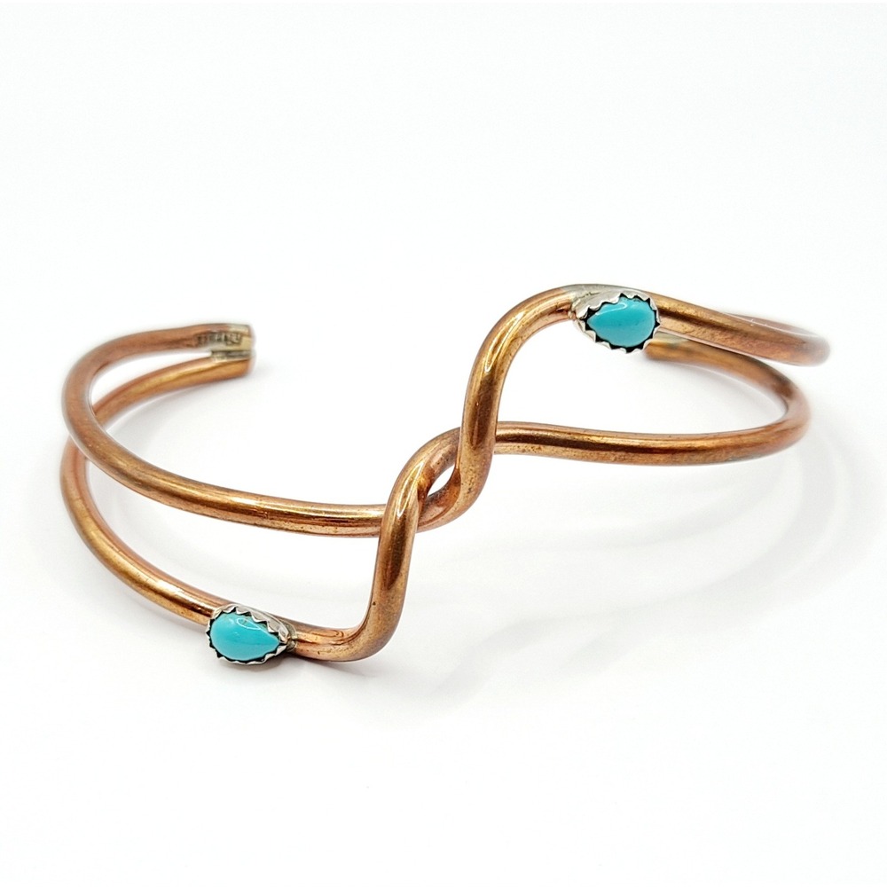 Vintage Turquoise Copper Cuff Yolanda Skeets Double Wire Blue Stone Bracelet